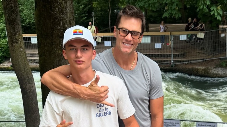 Tom Brady posing with son Benjamin Brady