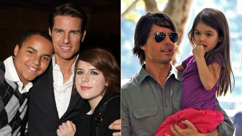 Split image of Tom Cruise posing with kids Connor, Isabella (L) and Tom Cruise holding Suri (R)