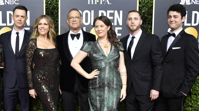 Colin Hanks, Rita Wilson, Tom Hanks, E.A. Hanks, Chet Hanks, Truman Hanks posing and smiling.
