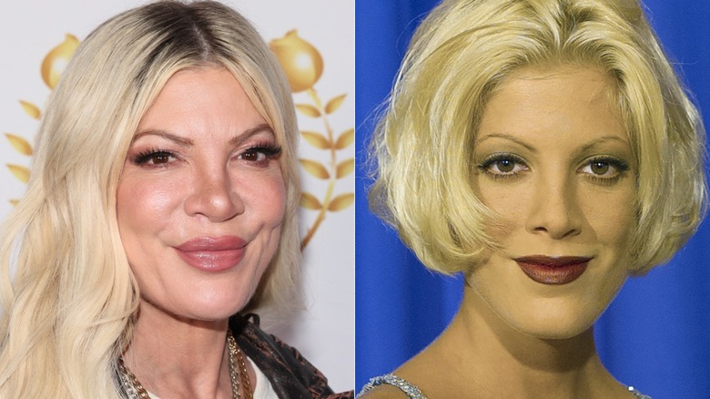 Split image of Tori Spelling now and in the past