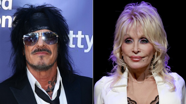 Split image of Nikki Sixx and Dolly Parton posing at events