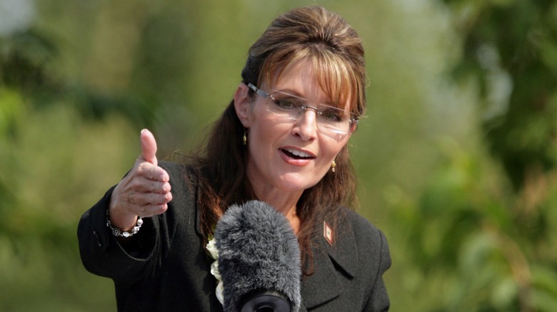 Sarah Palin delivering her farewell speech as governor in Alaska
