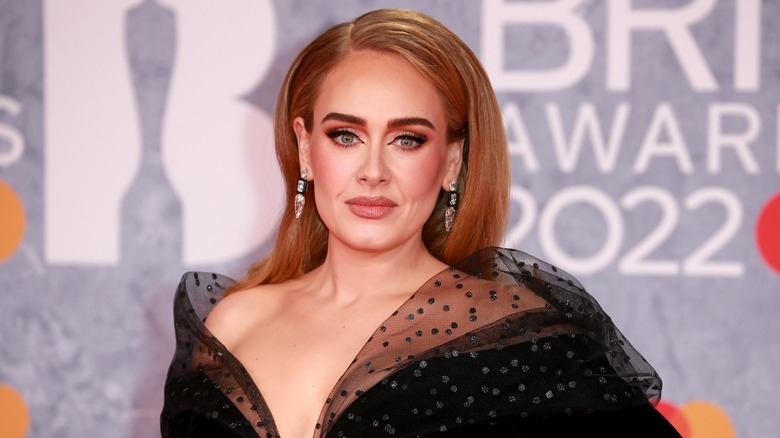 Closeup of Adele posing at the BRIT Awards step-and-repeat in black, mesh dress