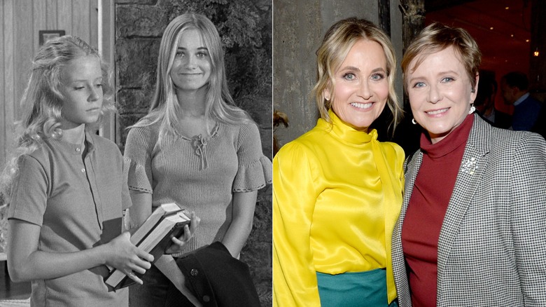 Photos of Maureen McCormick and Eve Plumb on The Brady Bunch and all grown up
