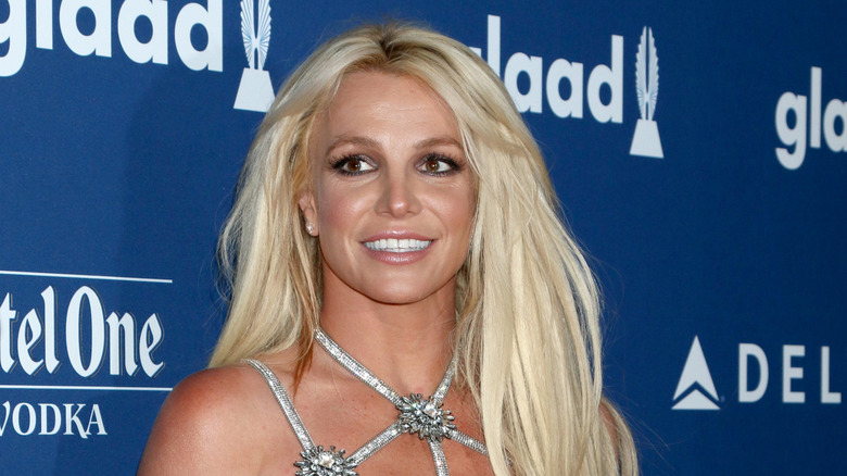 Britney Spears posing for photos in a silver dress