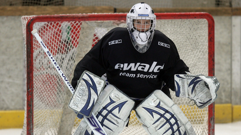 Wyatt Russell serving as goalie on the ice