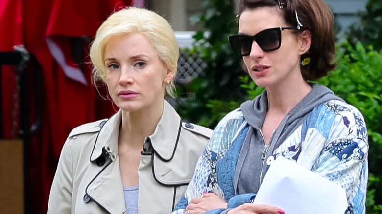 Jessica Chastain and Anne Hathaway on the set of Mother's Instinct