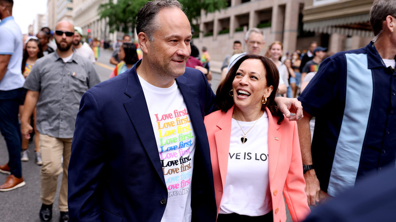 Doug Emhoff with his arm around Kamala Harris