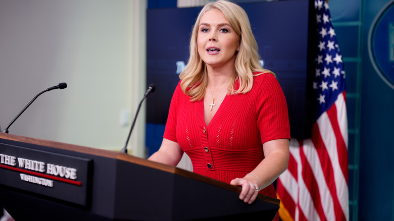 Karoline Leavitt addressing the media during a press briefing