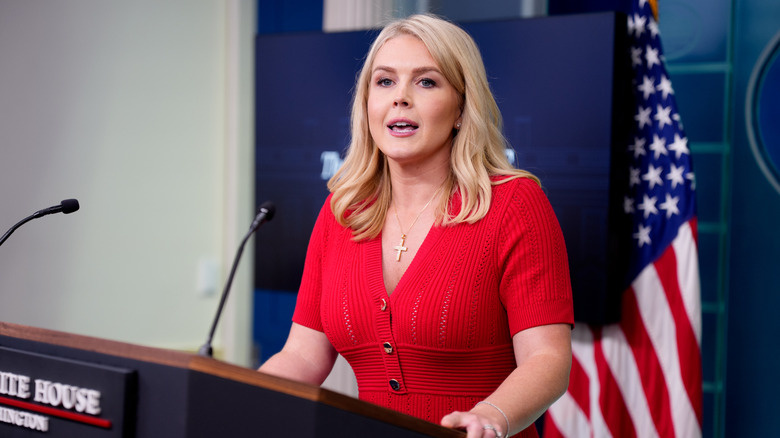 Karoline Leavitt addressing the media during a press briefing