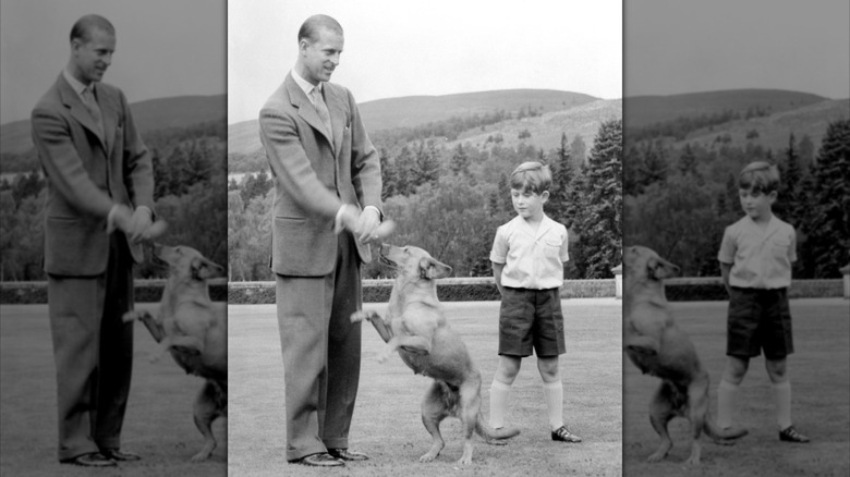 Prince Philip and then-Prince Charles at Balmoral Castle in August 1955