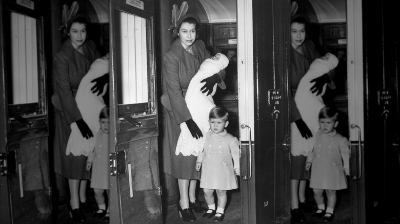 Queen Elizabeth II with then-Prince Charles and Princess Anne, 1950