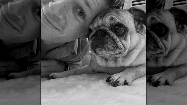 Robert Irwin with his pug in black and white