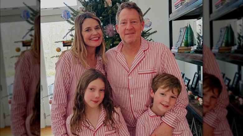 Savannah Guthrie, Michael Feldman, and their son and daughter in matching striped pajamas