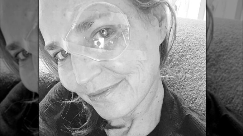 Black and white selfie of Savannah Guthrie wearing an eye shield after surgery