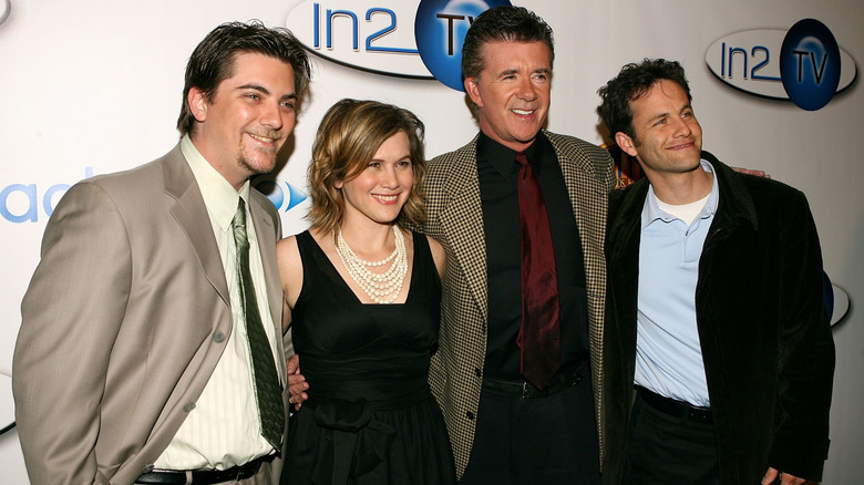Jeremy Miller, Tracey Gold, Alan Thicke, and Kirk Cameron posing together in Beverly Hills