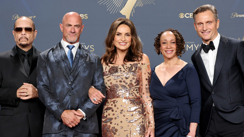 Ice-T, Christopher Melonia, Mariska Hargitay, S. Epatha Merkerson, and Tony Goldwyn smiling at the 2025 Emmy Awards