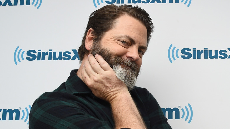 Nick Offerman posing at SiriusXM studios