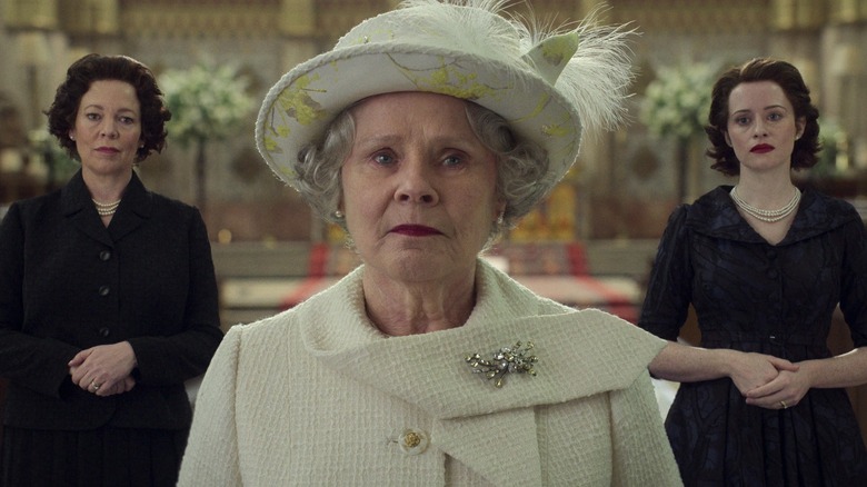 Olivia Colman, Imelda Staunton and Claire Foy as Queen Elizabeth II in The Crown