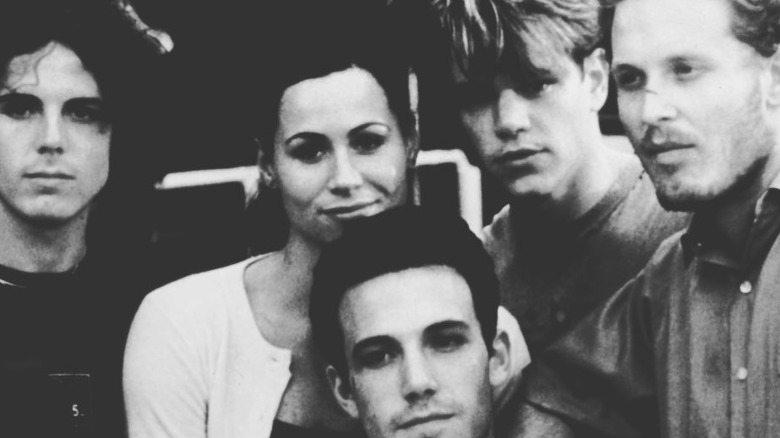 (l-r): Casey Affleck, Minnie Driver, Ben Affleck, Matt Damon, and Cole Hauser on the set of "Good Will Hunting"