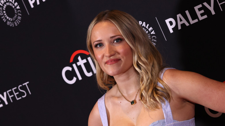 Emily Osment in a lavender dress
