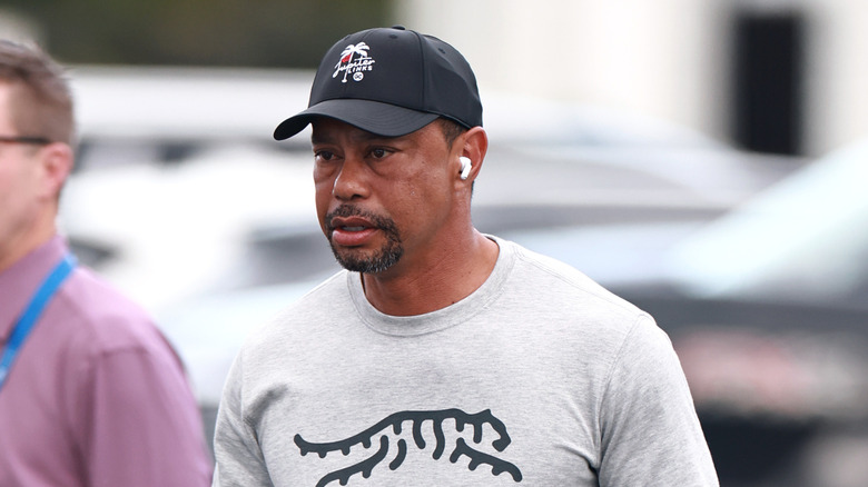 Tiger Woods arriving at SoFi stadium before a match