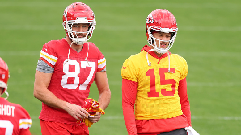 Travis Kelce and Patrick Mahomes during football practice