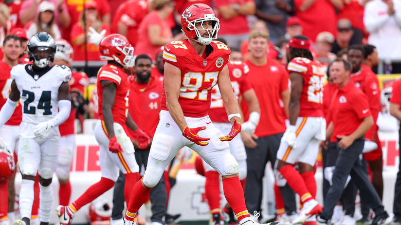 Travis Kelce gesturing during a football game
