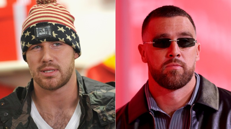 Travis Kelce wearing an American flag beanie and Travis Kelce arriving for a Kansas City Chiefs game