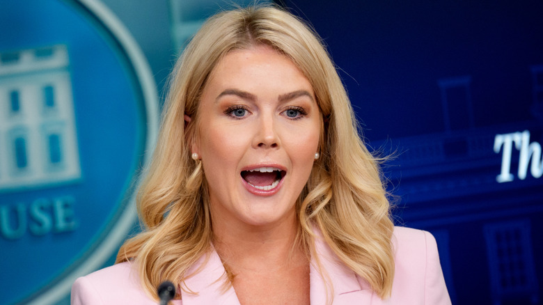 Karoline Leavitt responds to a reporter during a press briefing in the Brady Press Briefing Room in the White House (2025)