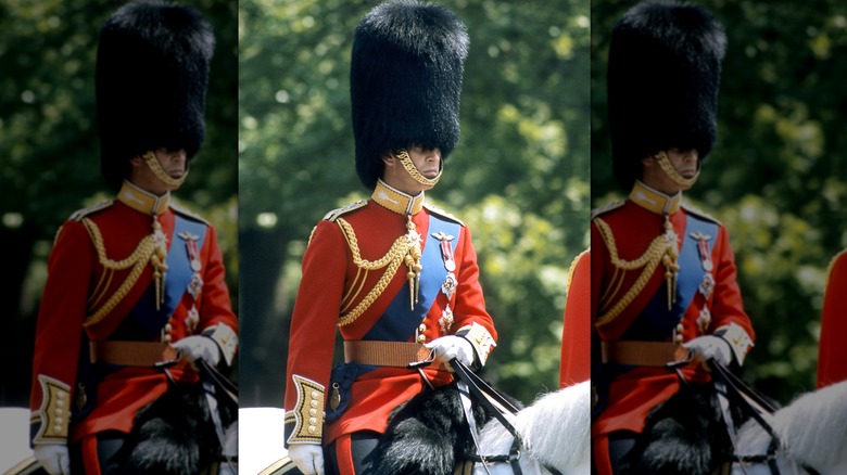 Prince Charles in bearskin hat on horseback 1976