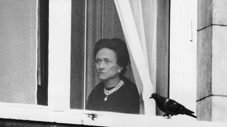 Duchess of Windsor watching parade from window after Duke's death 1972