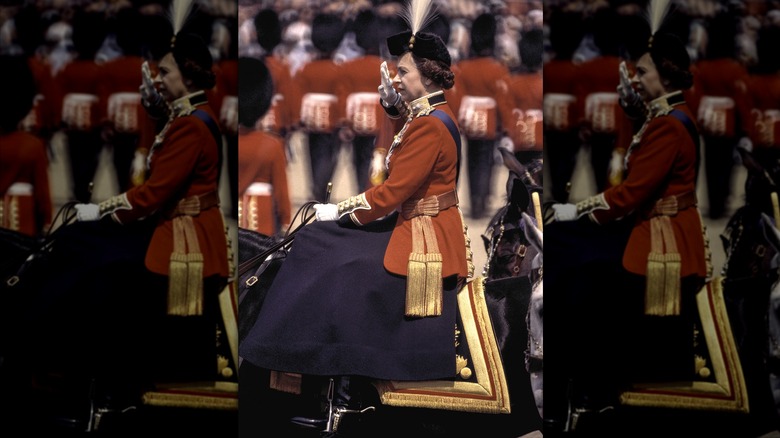 Queen Elizabeth saluting on horseback in Trooping the Colour 1978
