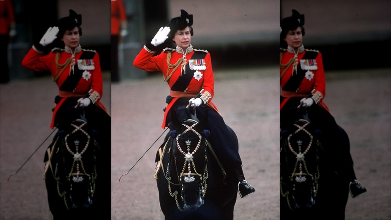Queen Elizabeth II saluting troops at Trooping the Colour 1979