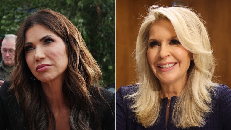 Kristi Noem outside, looking off to the left and Monica Crowley inside Congress Hall looking off to the left.