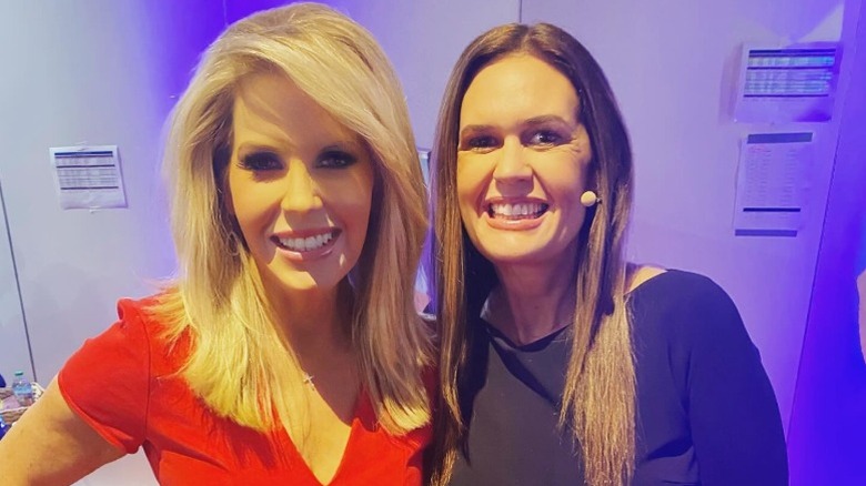 Monica Crowley and Sarah Huckabee Sanders pose together behind the scenes of the RNC in Milwaukee, WI (2024)