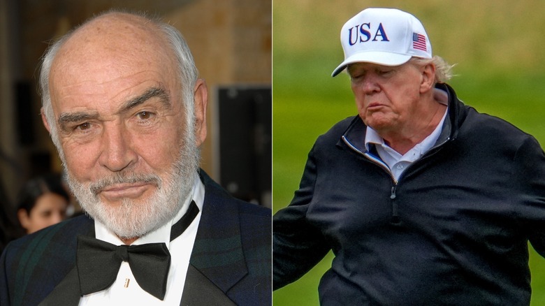 Split image of Sean Connery posing in a tux and Donald Trump shrugging in a white USA hat and windbreaker