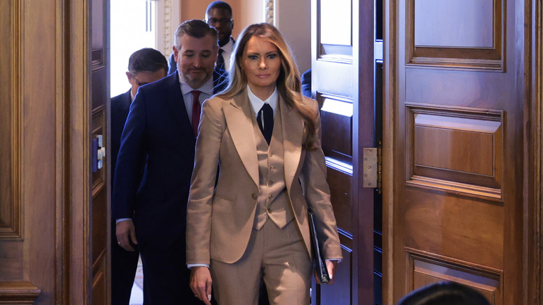 Melania Trump wearing a tan suit for a Capitol Hill meeting