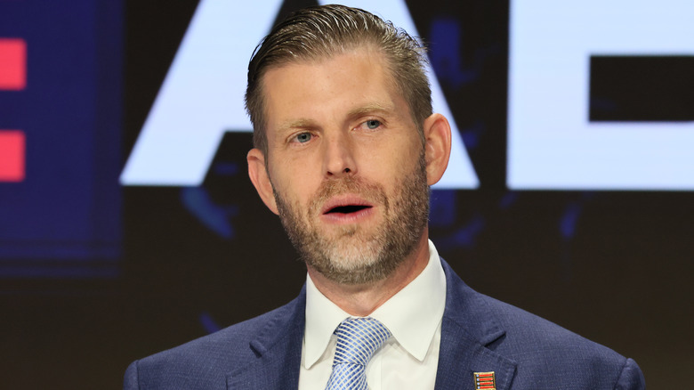 Closeup of Eric Trump speaking during speech