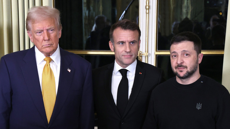 Donald Trump, Emmanuel Macron, and Volodymyr Zelenskyy at an event in Paris