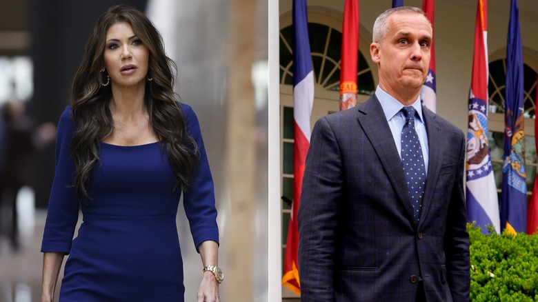 split screen of Kristi Noem and Corey Lewandowski looking introspective