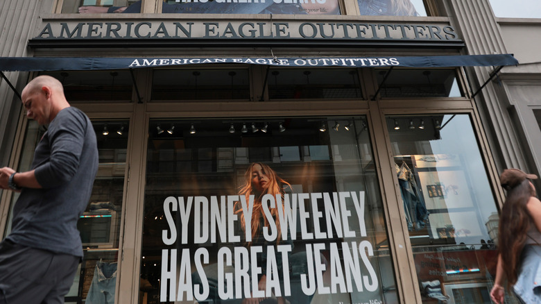 American Eagle Outfitters store with Sydney Sweeny campaign posters in its windows
