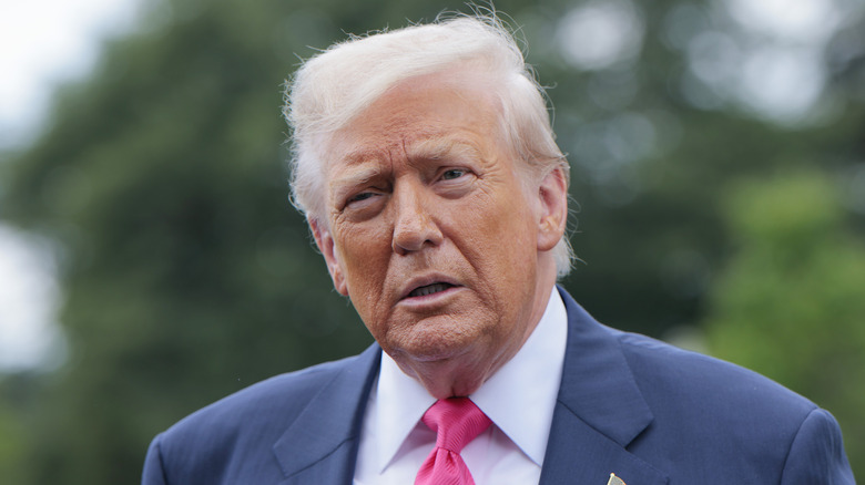 Closeup of Donald Trump talking and looking serious