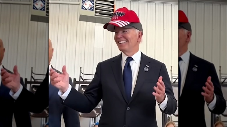 Joe Biden wearing a Trump hat at an event in Pennsylvania