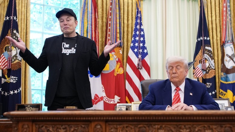 Elon Musk and Donald Trump speak to reporters in the Oval Office (2025)