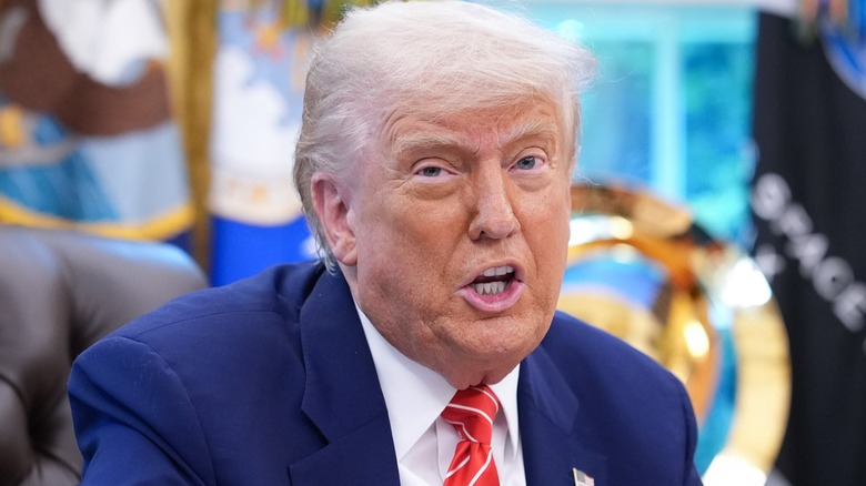 Donald Trump speaks to reporters in the Oval Office on Elon Musk's final day (2025)