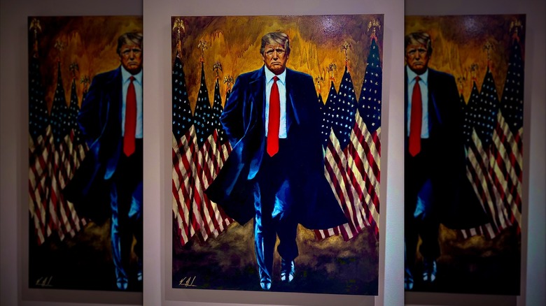 Painting of Donald Trump walking between rows of American flags with an orange background