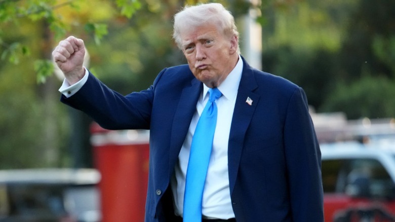 Donald Trump gestures as he departs the White House in Washington, DC (2025)