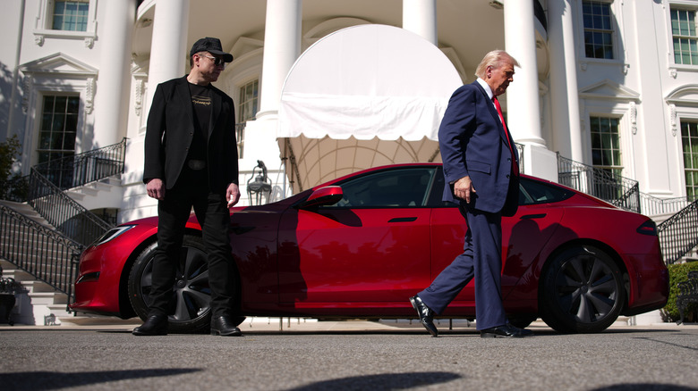 Donald Trump and Elon Musk deliver remarks next to a Tesla Model S on the South Lawn of the White House on March 11, 2025 in Washington, DC.