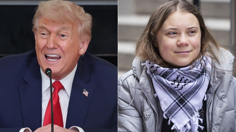 Donald Trump (left) speaks to reporters on Jun 9. Greta Thunberg (right) participates in a activist rally in Stolkholm in March 2025